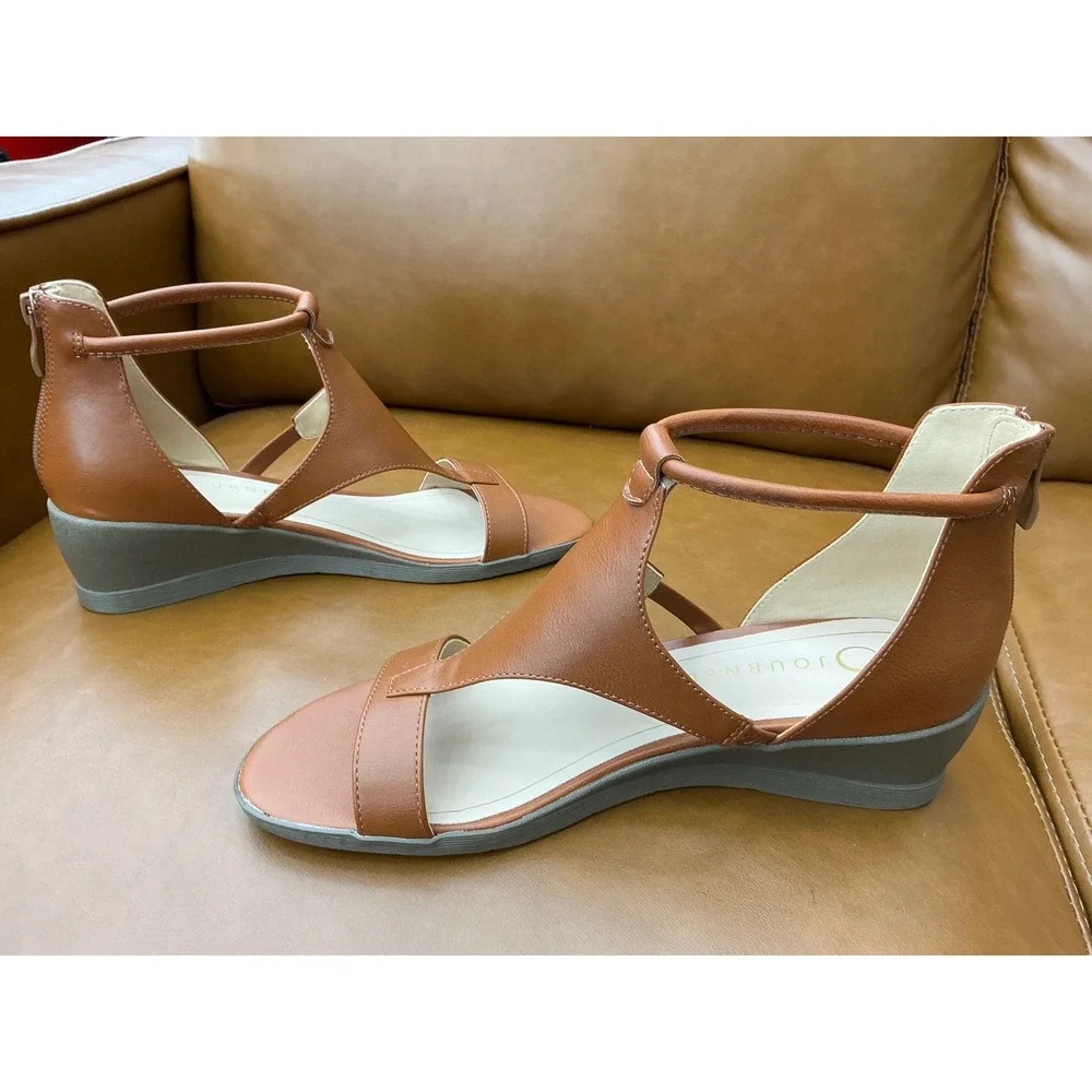 Journee Trayle Wedge Sandals Womens 7.5 Tan  T-Strap Ankle Zip